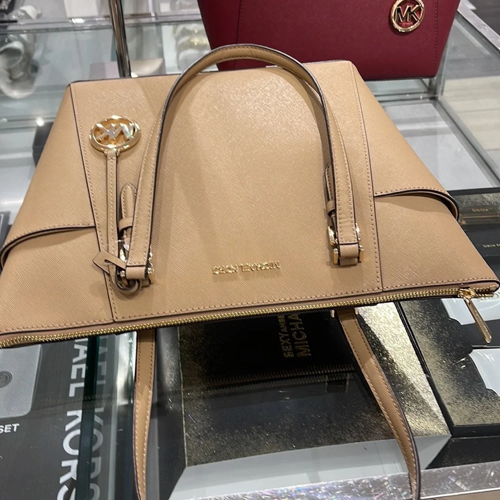 MICHAEL KORS Charlotte Large Leather Top-Zip Tote Camel NWT